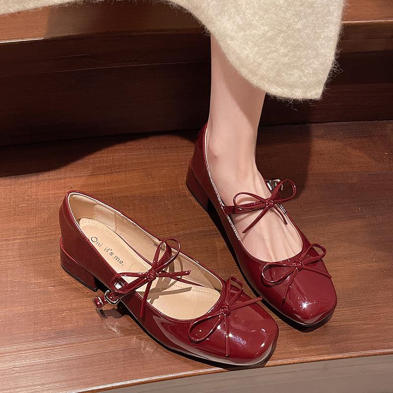 

Премиальные туфли Мэри Джейн на толстом каблуке с квадратным носком, новинка 2025 года, красные вечерние туфли для женщин, под юбку 40 бордовый