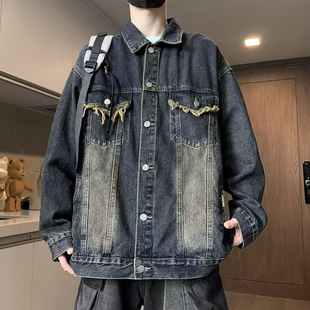 American retro old washed denim jacket men s autumn and winter loose trendy tooling jacket versatile S синий