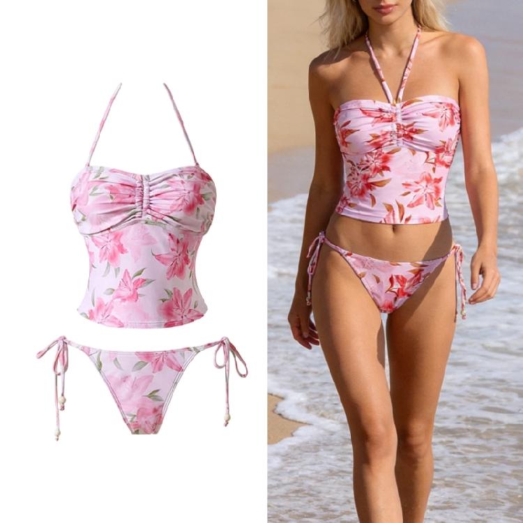 Fashionable Halterneck Style Tankini With Colorful Flower Pattern Ideal For Vacation Wear Top With Matching Bottoms