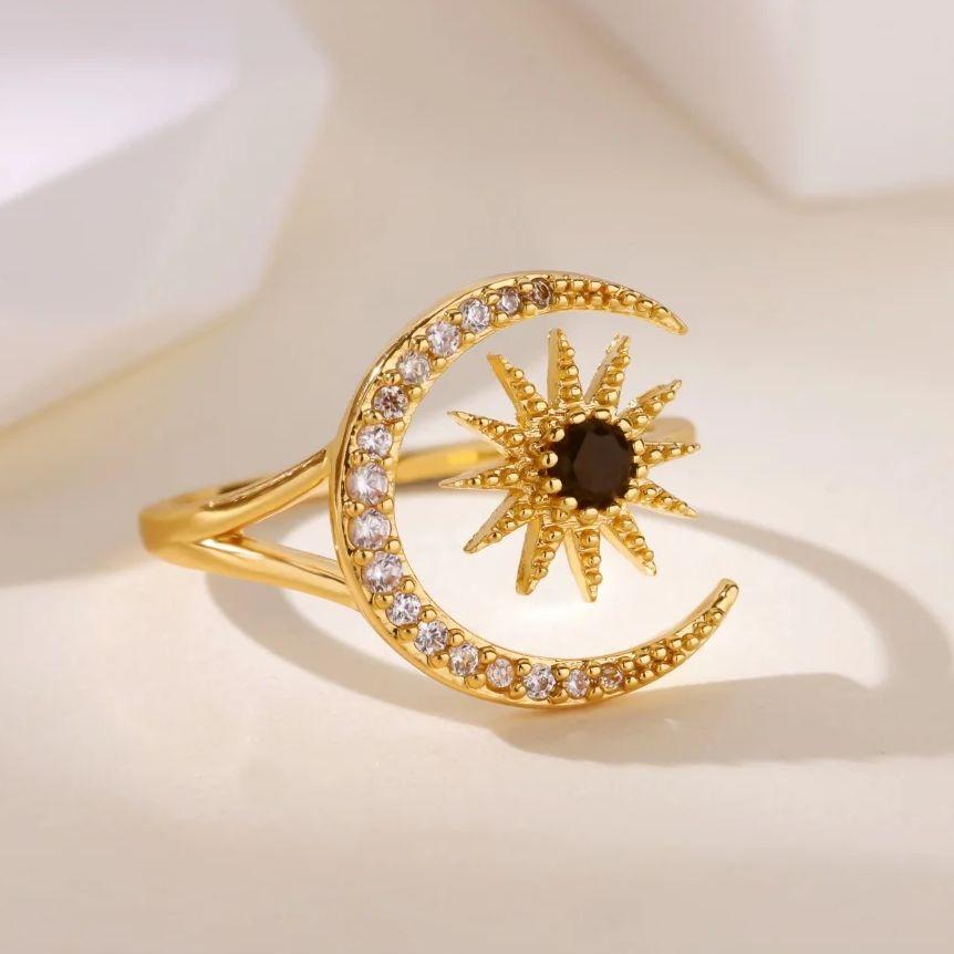 Gold Color Stainless Steel Geometric Rings For Women Zircon Star & Moon Open Ring Fashion Aesthetic Jewelry Wedding Gift