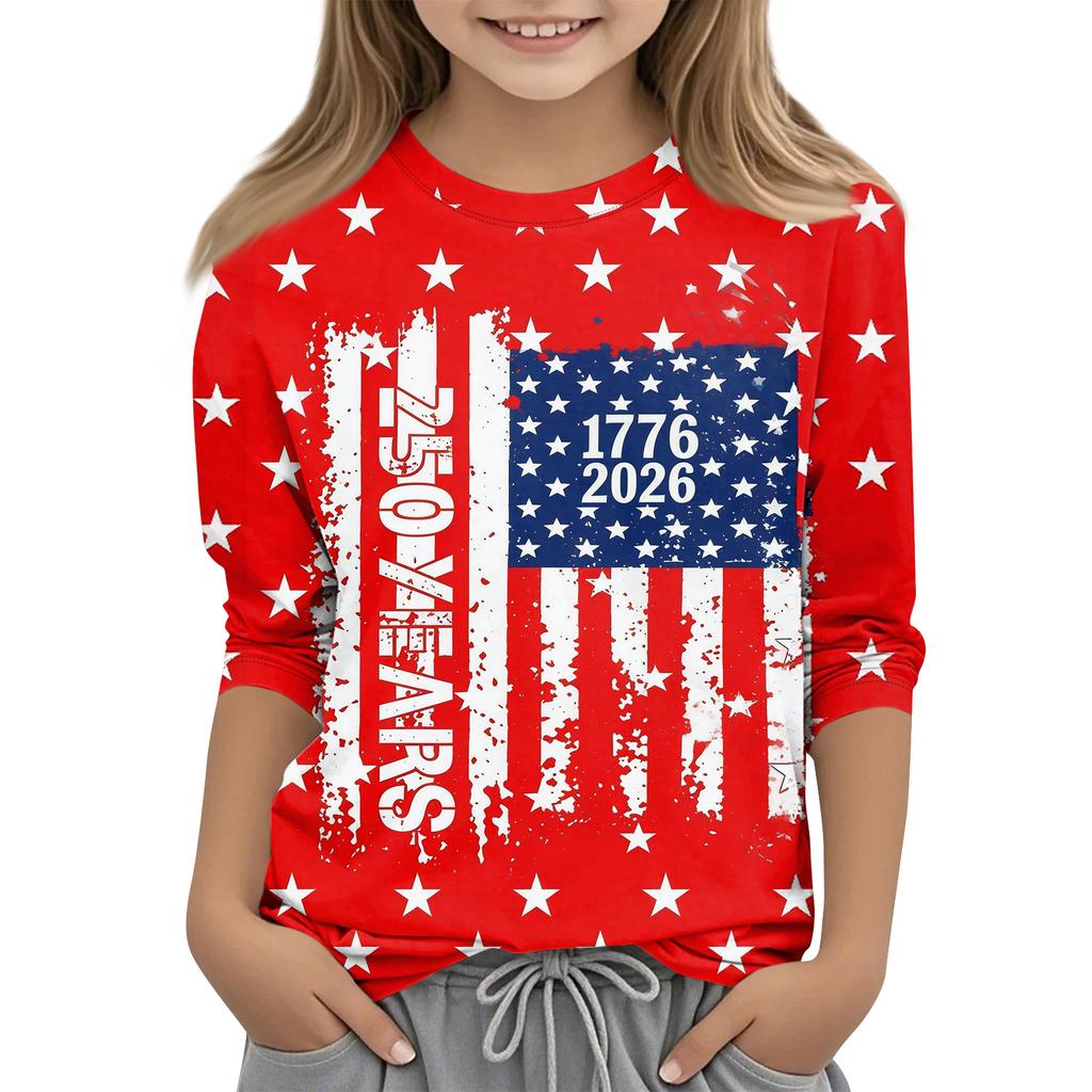 Children's 3/4 Sleeve Tops Casual Print T Shirt Round Neck Pullover Blouse