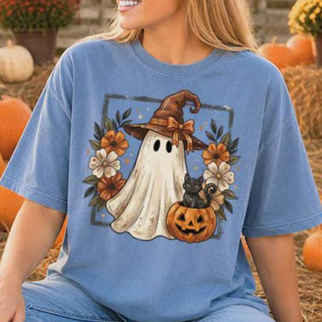 Comfort Colors® Cute Ghost Shirt, Halloween Black Cat in Pumpkin Tshirt, Creepy Fall Witch Shirt, Retro Halloween Apparel