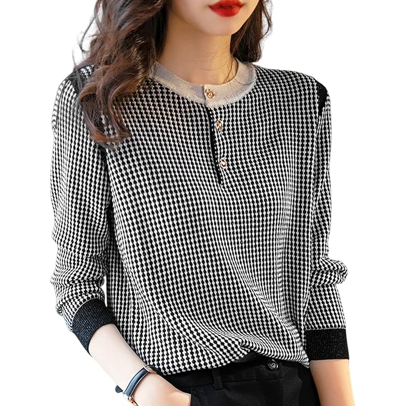 

[MARIA MARFA] ladies tops spring knit check pattern wind adult casual spring ladies knit l black 5S-M06-BKL