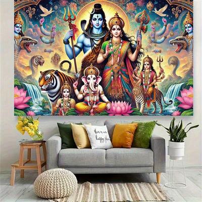 Shiva Family Tapestry Hindu God Parvati Ganesha Kartikeya Canvas Art Wall Hanging Temple Home Decor Spiritual Gift Yoga Room