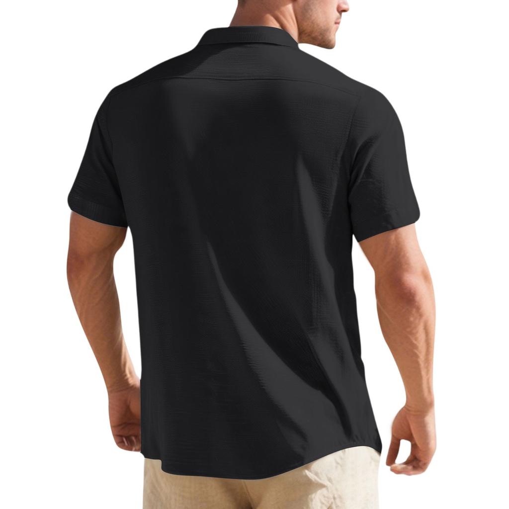 Men's Cotton-Linen Casual Short-Sleeve Shirt - Stand Collar, Pocket, Color, Button - Down, Breathable