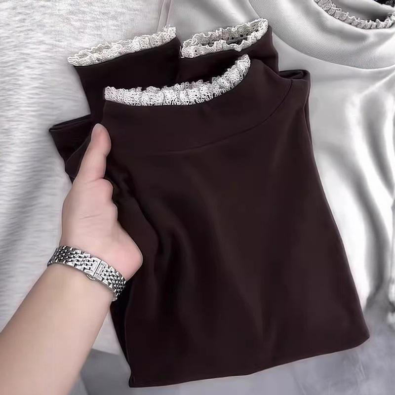 Women's French Lace Trim Plush Long-Sleeve T-shirt: Stylish, Slimming Base Layer for Autumn/Winter