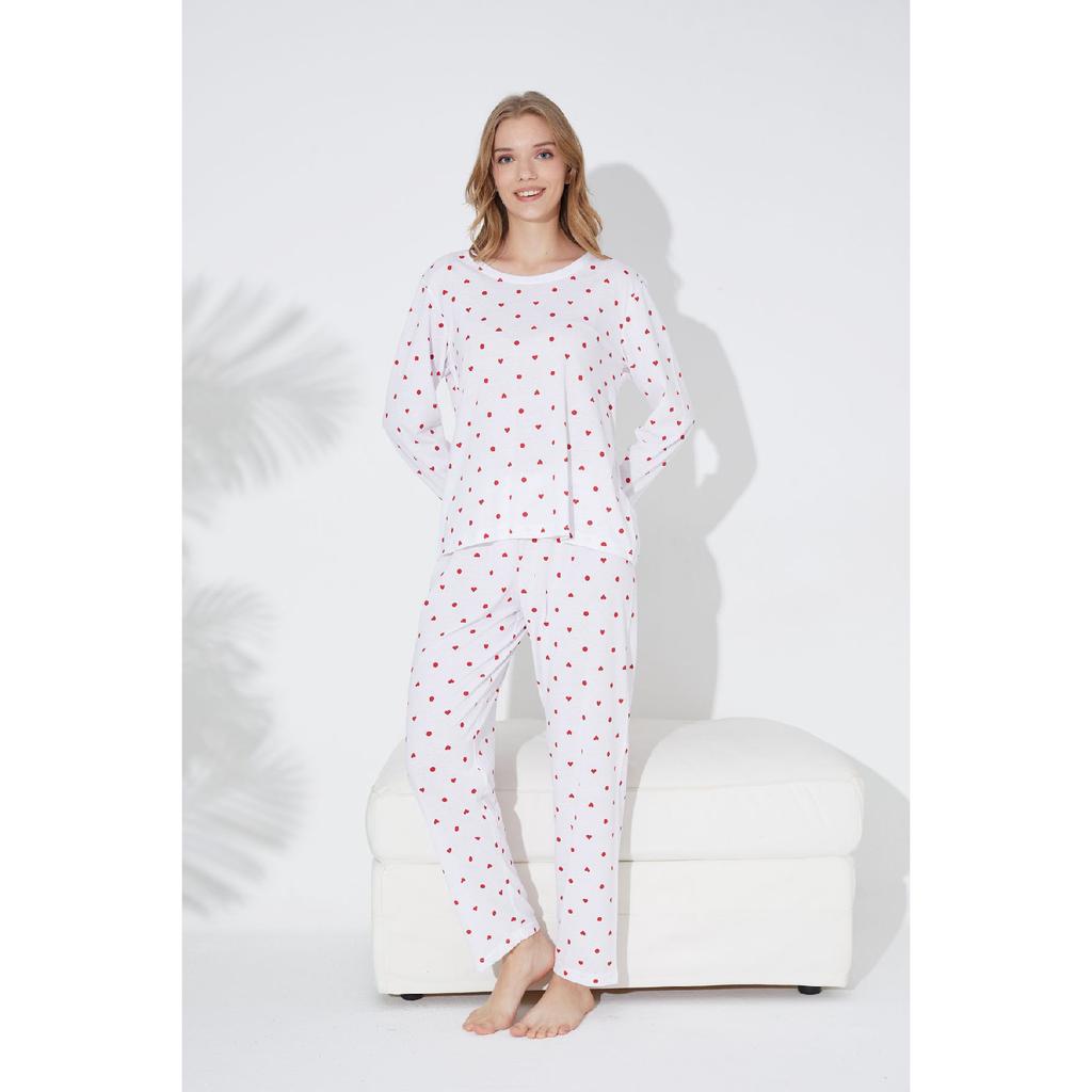 Pink Black Heart And Point Patterned Knitted Pajama Set 7792