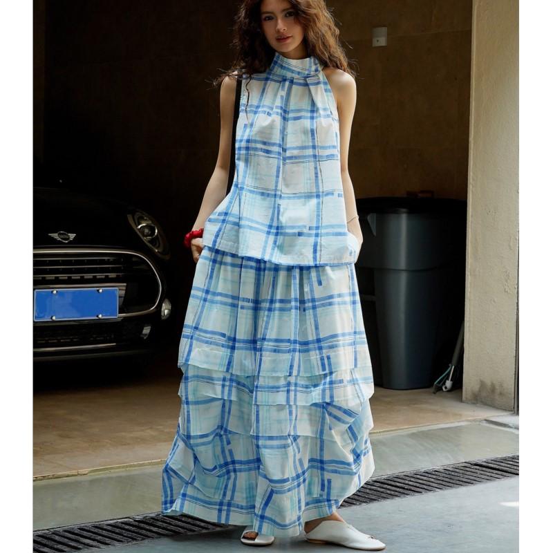 Johnature Summer French Resort Skirts Fashion All Match Plaid Elastic Waist Loose Casual Irregular Skirts Women