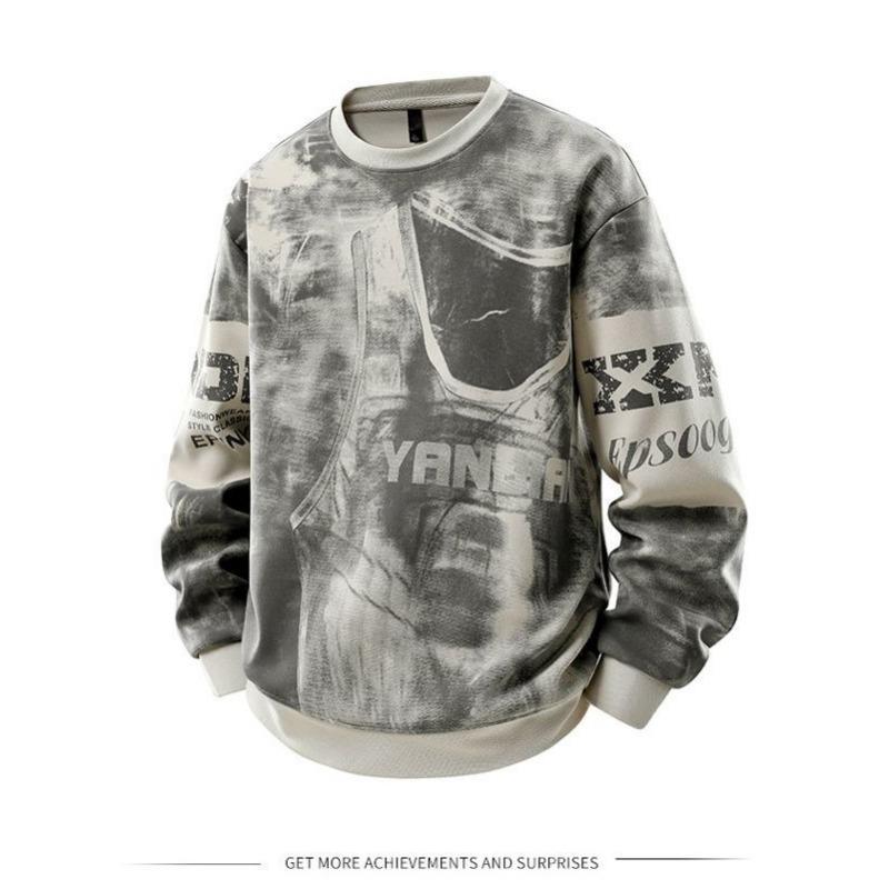Trendy Large Size Loose Printed Sweatshirt Men Long Sleeves Ribbed New Round Neck Youth Tops Trend