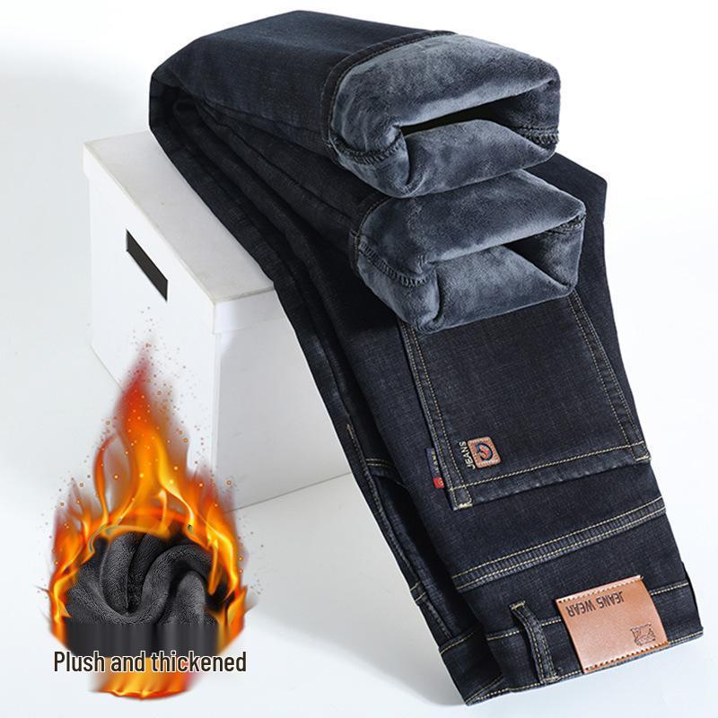 Men's Thick Velvet-Lined Stretch Denim Jeans, Loose Fit, Straight Leg, 2023 New Style, Autumn/Winter Warmth.