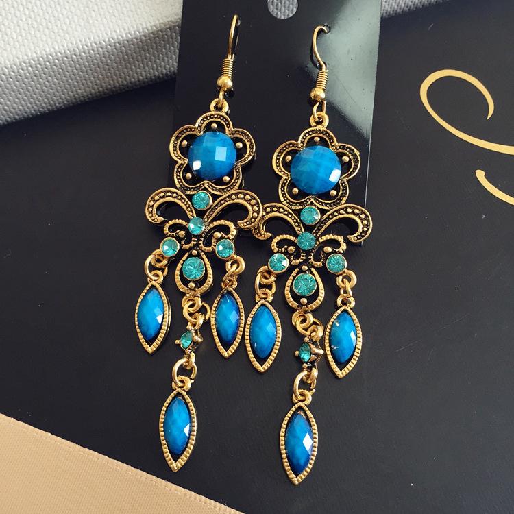 Vintage court gem set earrings long temperament bohemian earrings niche earrings women
