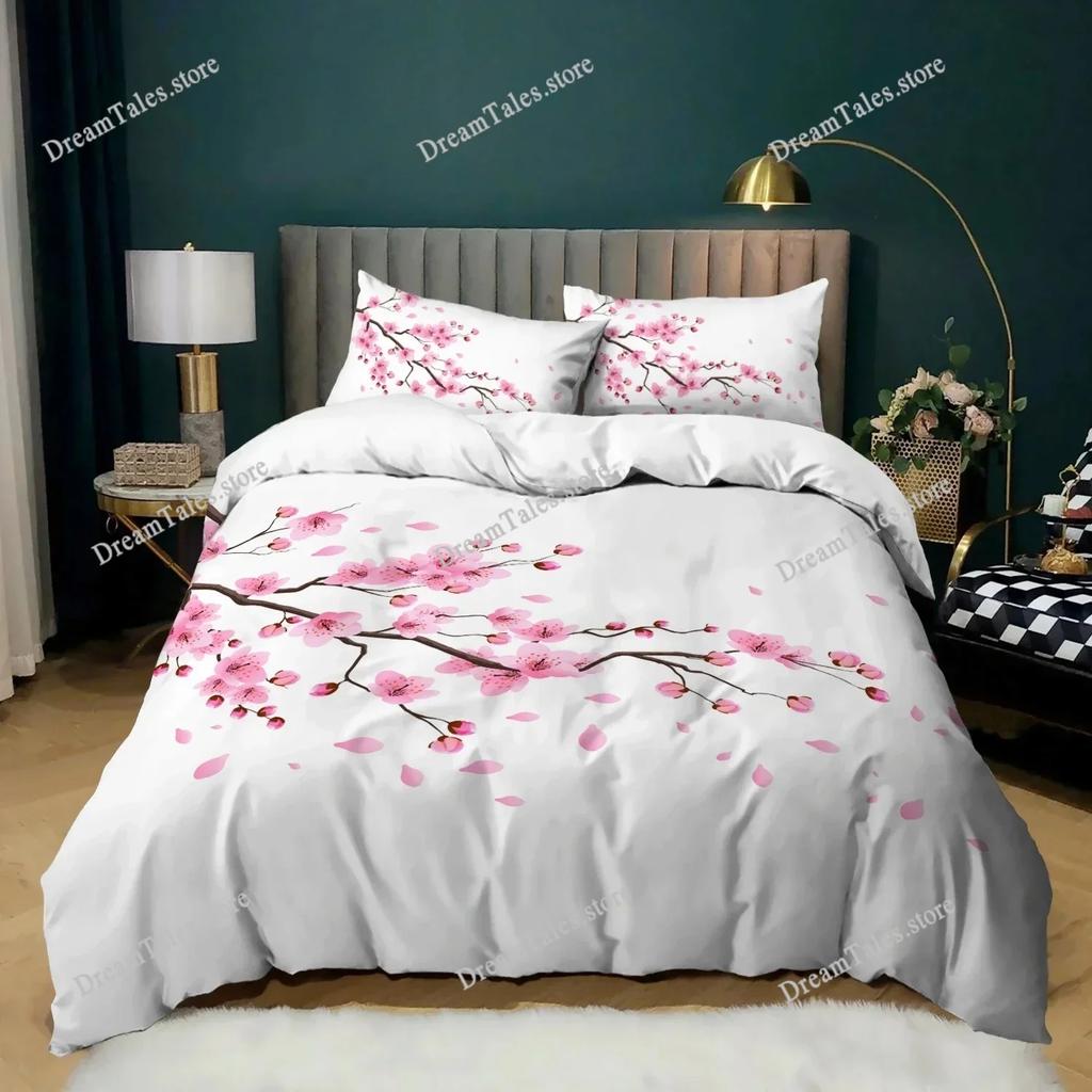Duvet Cover Set Plum Blossom King Pink Flower Quilt Cover for Girls Microfiber Branches Printed Japanese Ink Style Bedding Set