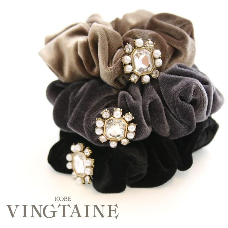 VINGTAINE Velvet Scrunchie with Antique Cute and Stylish Hair Present Beads, Style, Accessory, Gift, (HS-188-GY)