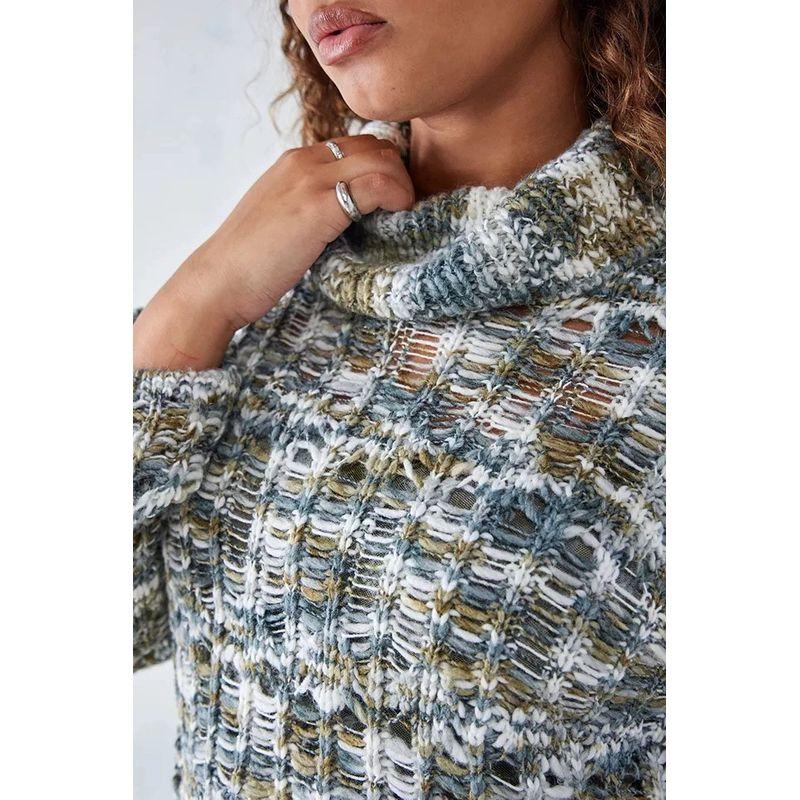 UO Women's Soft Cut Out British Retro Mixed Color Thick Thread Knitting Sweater