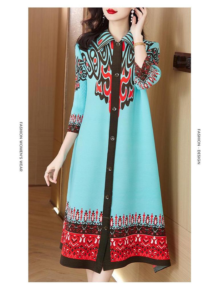 Spring Floral Pleated A-Line Dress Jacket for Women - Plus Size