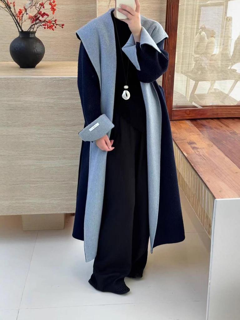 Cloud Floss Women's Double-Faced Wool Coat: Tie-Waist Hooded, Large Lapel, Loose Fit, Thickened Temperament Overcoat.