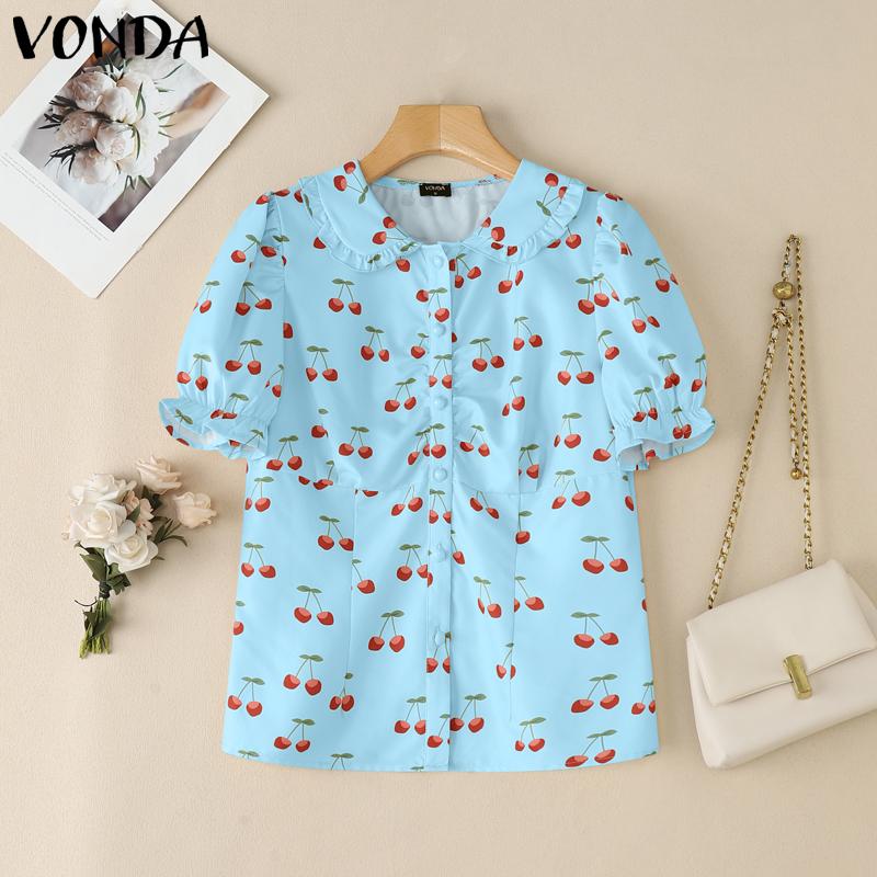 VONDA Women Summer Doll Collar Puff Sleeve Buttons Up Print Casual Blouse