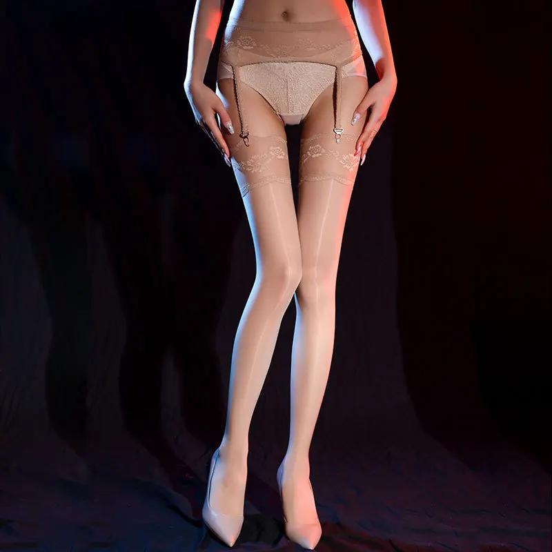 Women Sexy Stockings Lace Open Crotch Pantyhose With Garter Belt Transparent See-Through Underwear Oil Shiny Sheer Sockings
