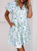 Floral Colorblock V Neck Pocket Dress With Short Sleeves For Spring 2025