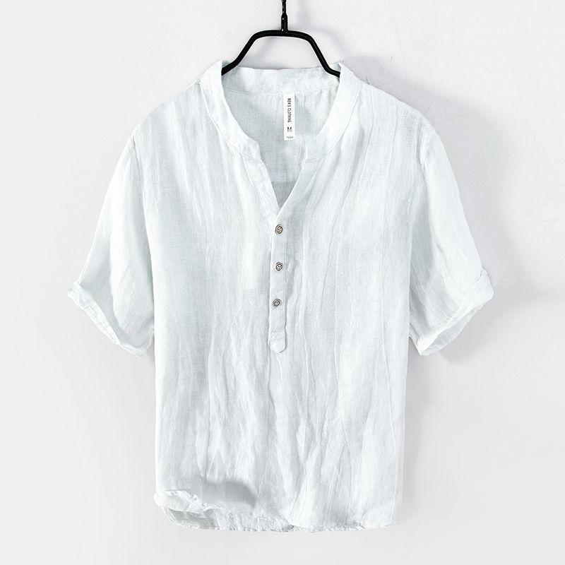 Summer Intage Pure Linen Short Sleeve T Shirt for Men Thin Solid Color Slim Men Clothing Big Size KTB
