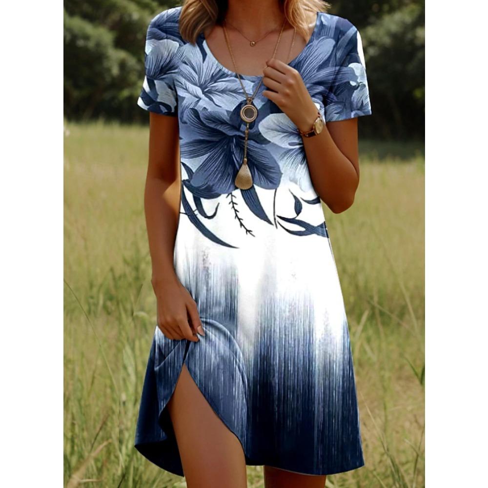 Abiti casual da donna con stampa floreale, manica corta, girocollo, per estate e primavera