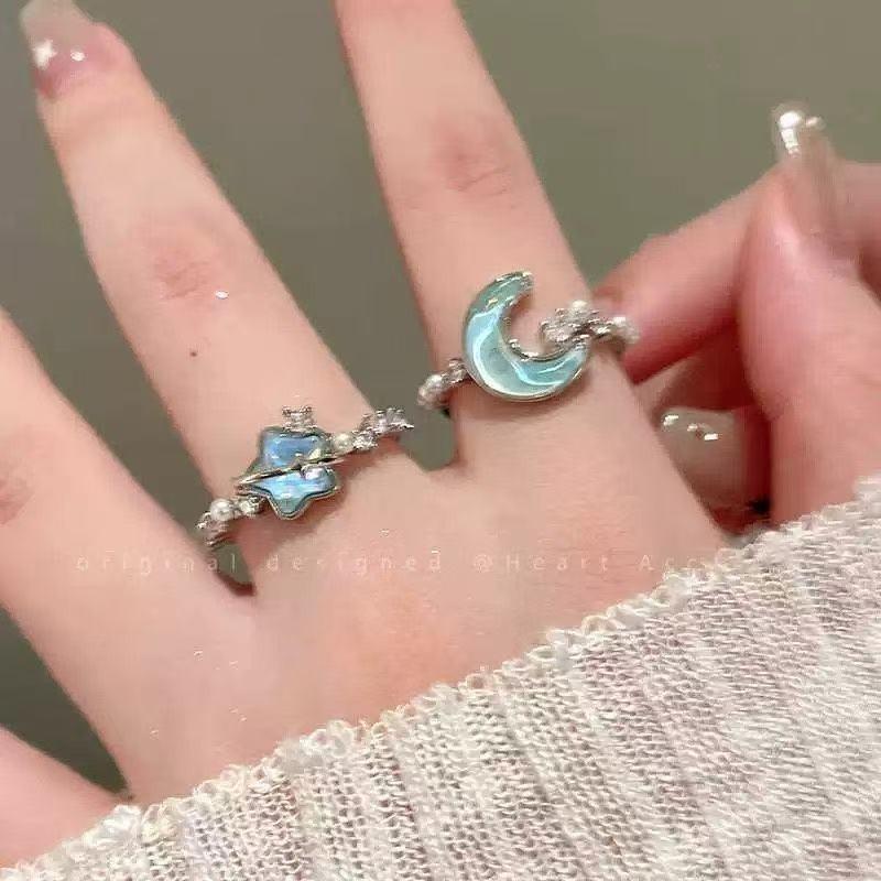 Glacier Blue Star Moon Open Ring Female Exquisite Couple Index Finger Ring Niche Design High-end Ring