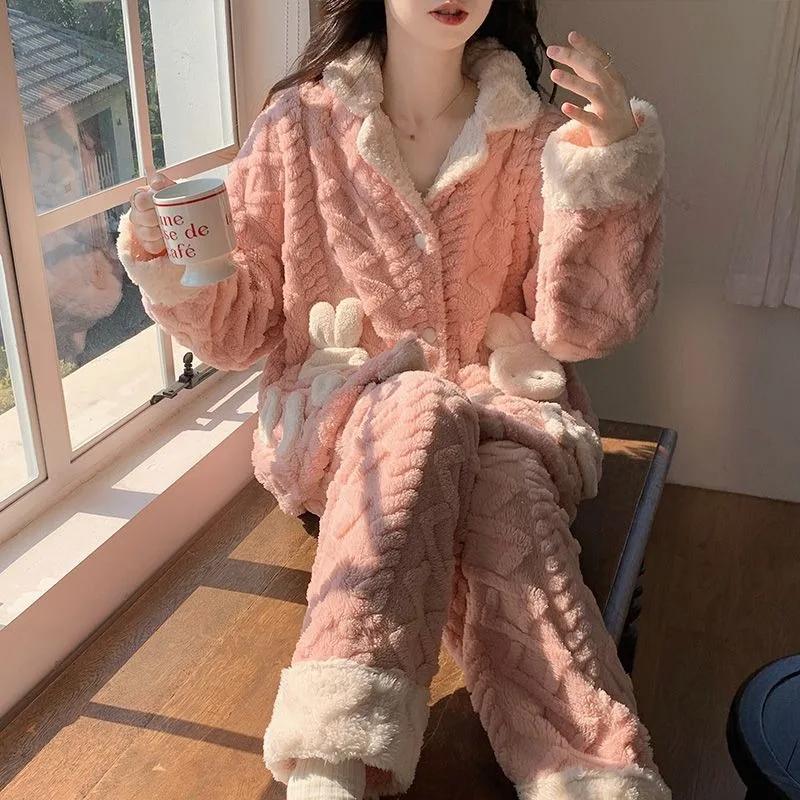 Women's Coral Fleece Pajamas Women's Thickened Plush Home Clothes Set Cute Girls Home Clothes Autumn and Winter Pajamas Set