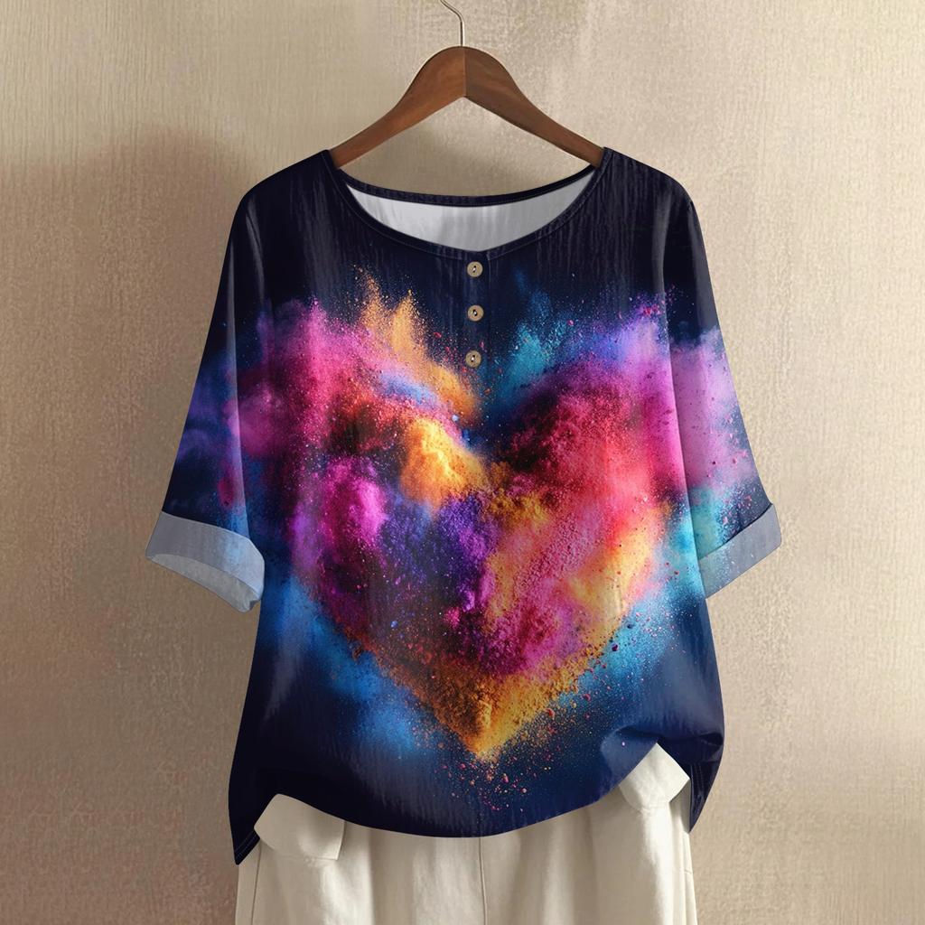 Damska casualowa i wygodna bawełniano-lniana bluzka z okrągłym dekoltem, średniej długości, z modnym nadrukiem