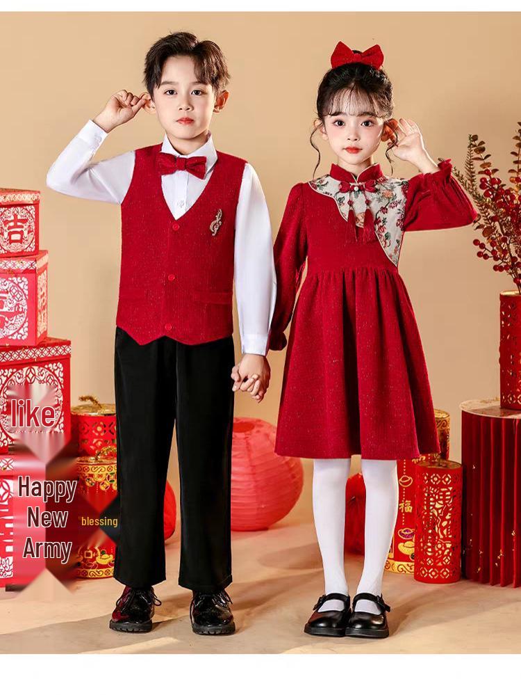 Children's New Year's Red Performance Costume for School Speech and Poetry Competitions