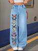 Light blue vertical row colorful butterfly printed wide-leg jeans, fresh girl casual trousers spot wholesale