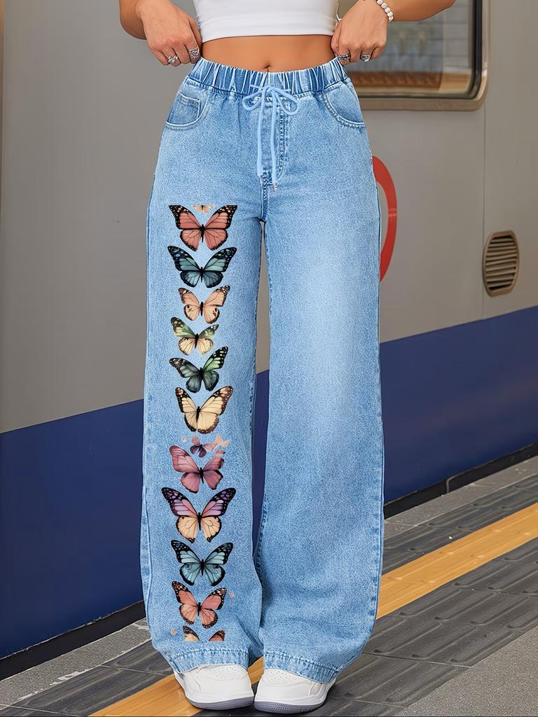 Light blue vertical row colorful butterfly printed wide-leg jeans, fresh girl casual trousers spot wholesale