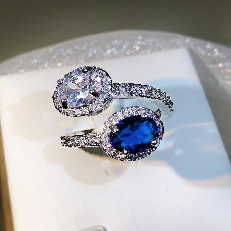 Oval Two-color Stitching White Sapphire Rings for Women Drop Ring Luxury Noble S Sterling Copper Opening Adjustable