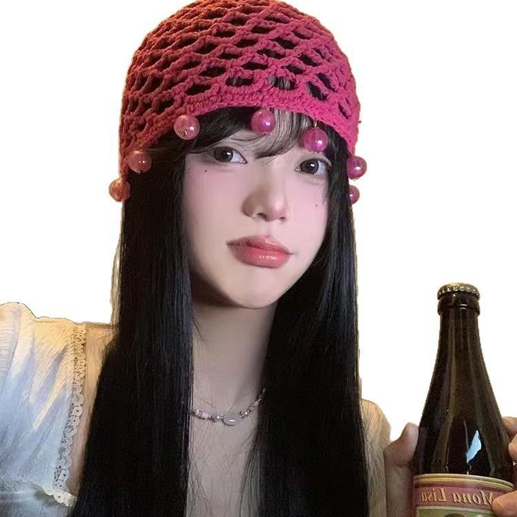 Camellia Hand-Woven Hollow Round Bead Bag Head Hat Women'S Spring And Summer Sweet Bohemian Style Knitted Pullover Hat