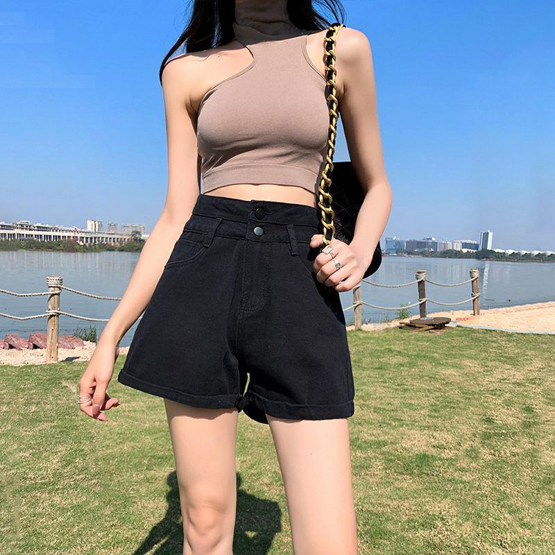 Women's High-Waist Denim Shorts - Rolled Hem, Double Button, A-line, Summer Wide Leg