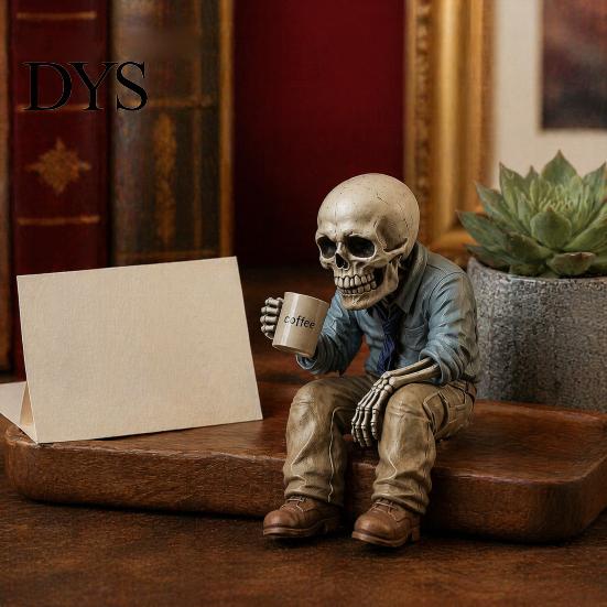 Working Man Skeleton Figure Funny Sitting Figurine Holding Coffee Cup, Vintage Resin Personalized Office Table Ornaments Desk Ornament, Unique