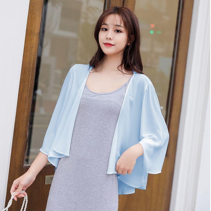 WTEMPO Women Chiffon Shirt 3/4 Sleeve Tie Front V-Neck Lightweight Sun Protection Shirt Casual Summer Beach Cover Up
