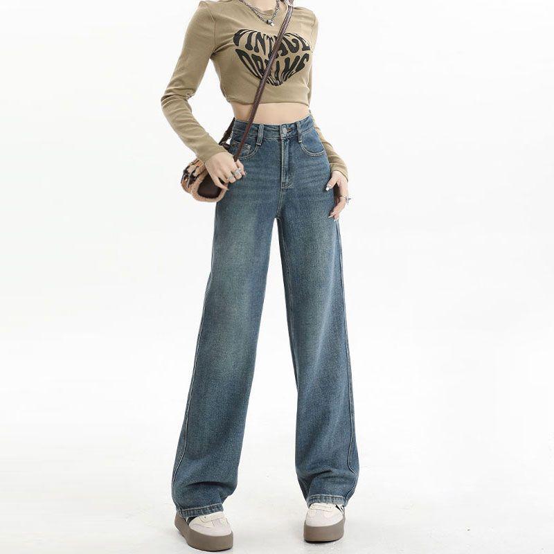 

2025 Women s High Waist Retro Blue Fleece-Lined Straight Leg Jeans for Autumn/Winter - Slim Fit and Wide Leg XL