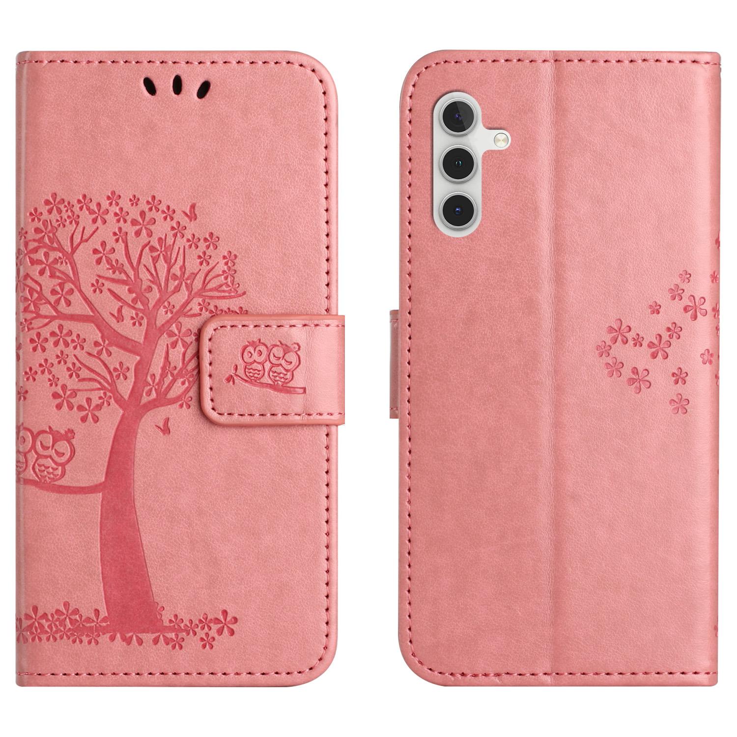 

For Samsung Galaxy S25 FE Case PU Leather Owl Tree Imprinted Wallet Phone Cover with Strap Pink