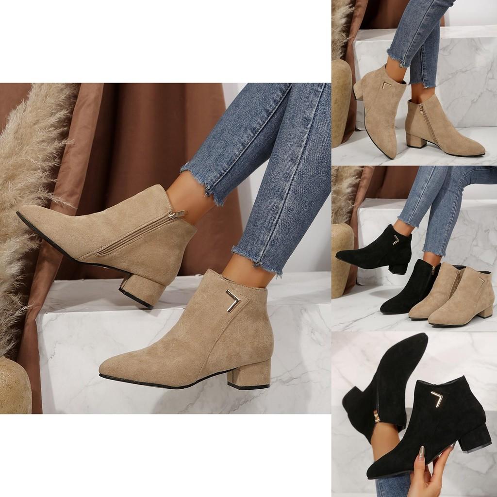 Stylish Black And Beige Chunky Heeled Ankle Boots For Women In Soft Pu Material