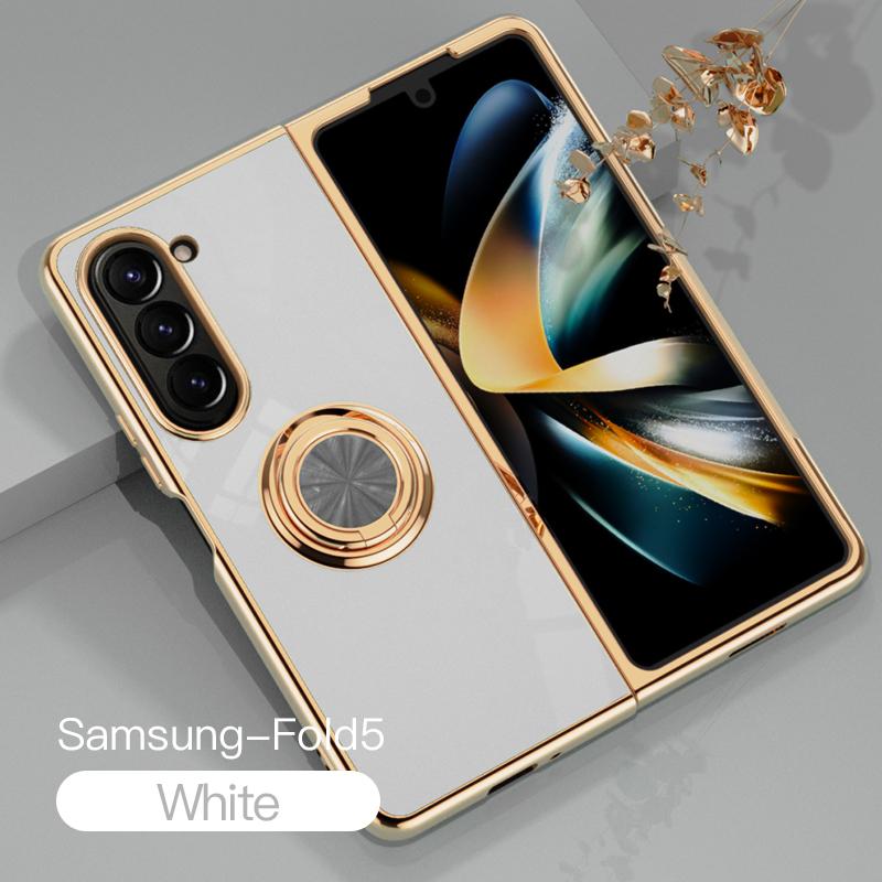 Luxury Plating Metal Ring Holder Phone Case For Samsung Galaxy Z Flip 5 4 / Z Fold 6 7 Flip7 Fold7 5G Silicone Back Cover Funda