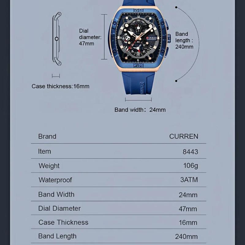 CURREN Men's Three Eyed Small Dial Six Pin Sports Calendar Watch Waterproof Silicone Strap Quartz Watch