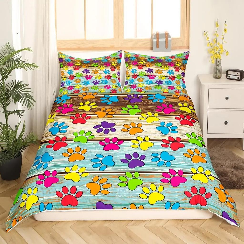 Dog Paw Print Duvet Cover Watercolor Gradient Puppy Footprints Comforter Cover with 2 Pillowcases,Funny Pets Animal Quilt Cover