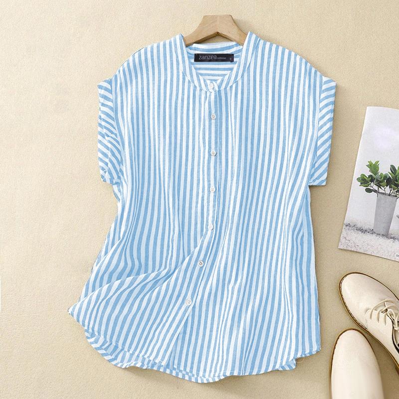 ZANZEA Women Casual Round Neck Summer Short Sleeve Stripe Blouse