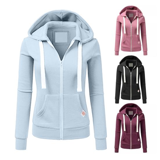 Herfst Winter Dames Jas Trekkoord Capuchon Ritssluiting Lange Mouwen Pure Kleur Slim Fit Elastische Manchetten Cardigan Zakken Sport Fitness Jas