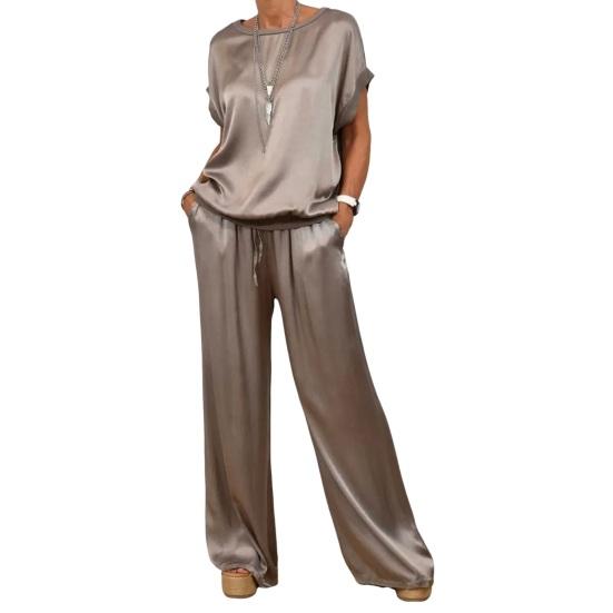 Damen-Set aus seidigem Satin, zweiteilig, lässig, Rundhalsausschnitt, kurzärmliges Oberteil, weites Bein, Hose, lockeres Loungewear-Outfit für Frühling und Sommer