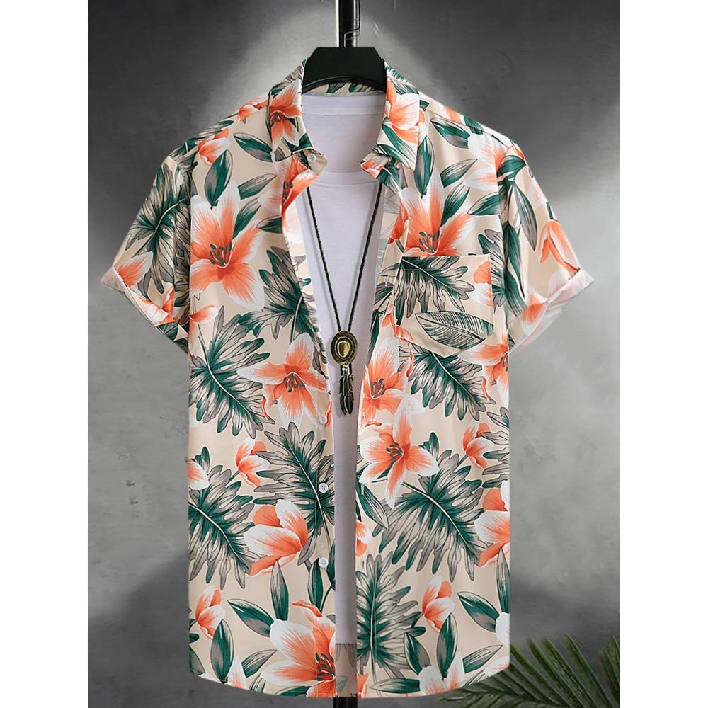 Hawaiian Color Coconut Tree Print Lapel Fashion Men's Shirt 2026 Men's Seaside Resort Casual Style Men's Short-sleeved Shirt