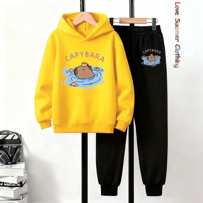 Capybara Hoodie 2pcs Boys Kids Cozy Outfit Capybara Playwear Machine Washable Sports Active Boys Perfect Outdoor
