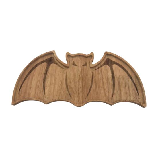 Solid Wood Trinket Dish Bat-Shaped Wooden Serving Tray, Halloween Theme Snack Dessert Platter, Gothic Jewelry Storage Decorative Plate for And