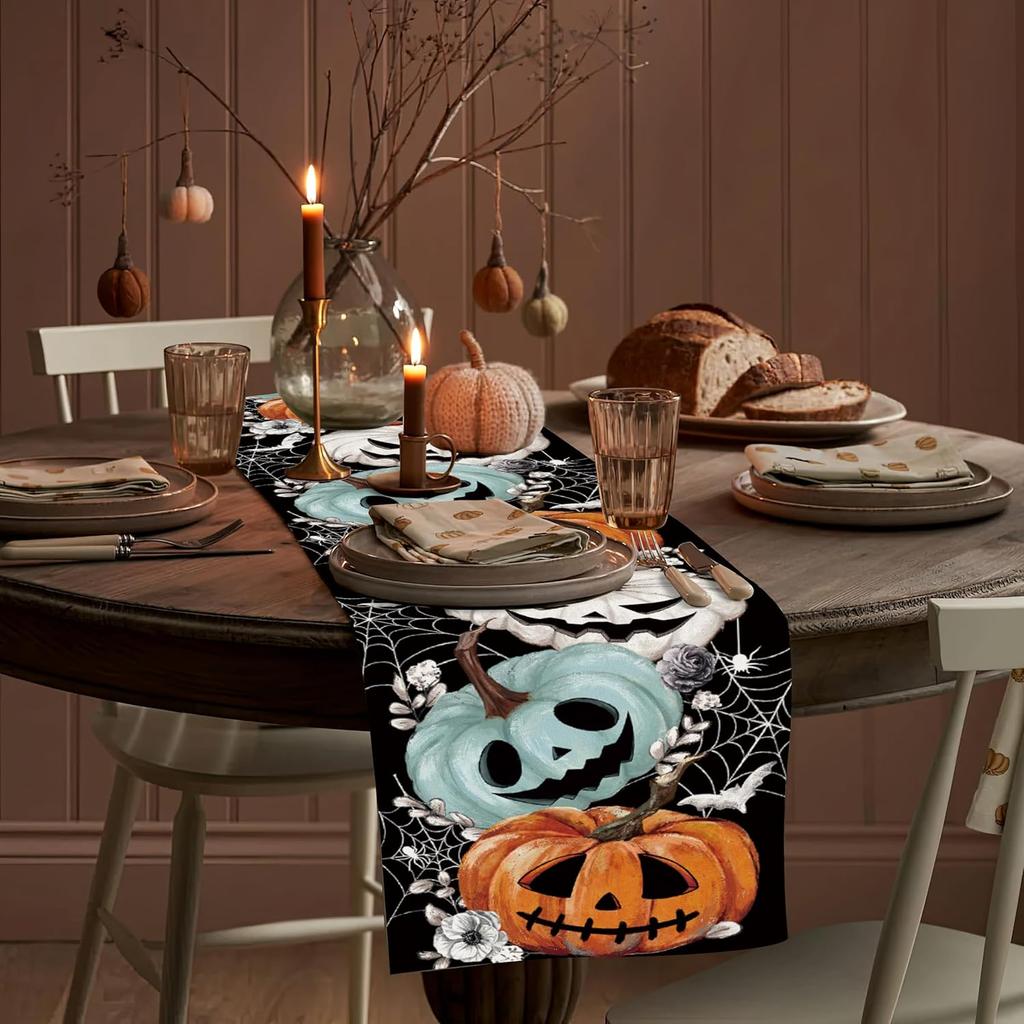 Baccessor Halloween Table Runner Spooky Pumpkins Spider Web Bat Runner for Table Kitchen Dinning Table Decor for Home Farmhouse Party Fall Festival