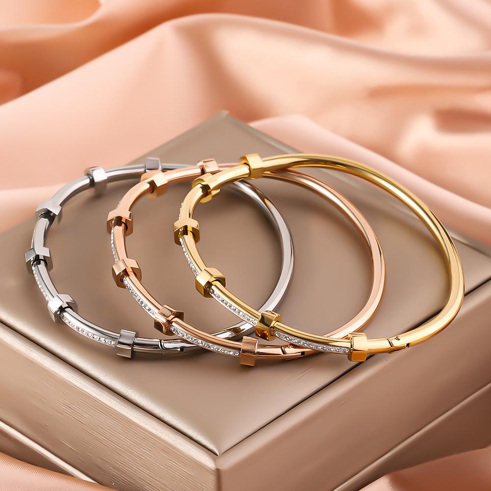 Trendy Round Cubic Zirconia Bangles For Women Men Gold Color copper Color Stainless Steel Crystal Bangle Party Zircon